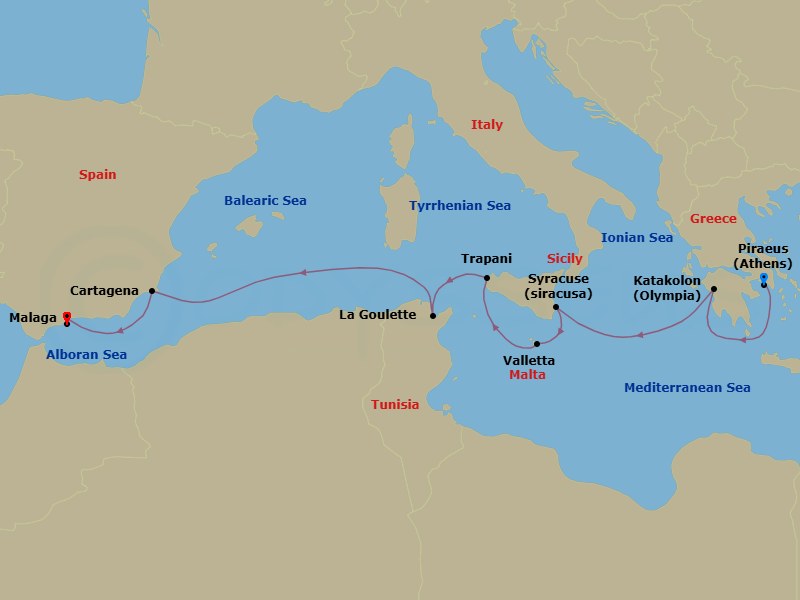 8 Night - Greece, Italy & Spain Cruise : Athens, Siracusa & Malaga - Azamara Quest - Starting in Athens (Piraeus), Olympia (Katakolon), Siracusa, Sicily, Valletta, Trapani, Sicily, La Goulette, Cartagena ES, Malaga itinerary map