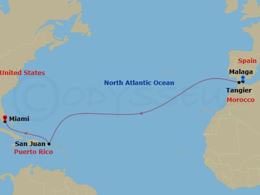 13 Night - Transatlantic Cruise : Malaga, San Juan & Miami - Azamara Quest - Starting in Malaga, Tangier, San Juan, Miami, Florida itinerary map