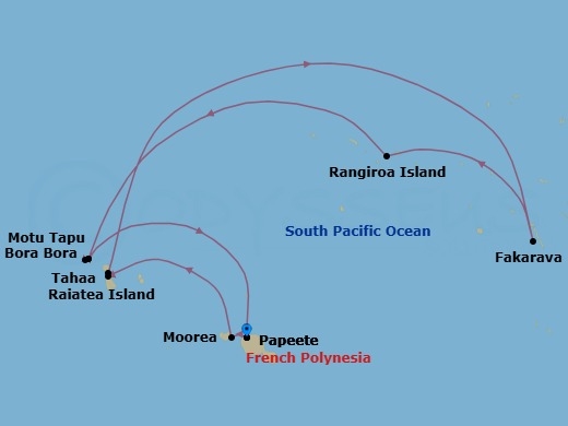 10 Night - Papeete to Papeete - Silver Whisper - Starting in Papeete (Tahiti), Moorea Island, Raiatea, Motu Tahaa, Fakarava, Tuamotu Archipelago, Rangiroa, Bora Bora (Society Islands), Motu Tapu (Bora Bora), Bora Bora (Society Islands), Papeete (Tahiti) itinerary map