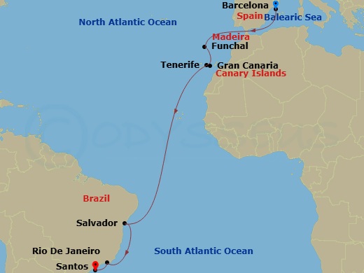 16 Night - Msc Grand Voyages - MSC Virtuosa - Starting in Barcelona, Spain, Funchal (Madeira Islands), Portugal, Santa Cruz de Tenerife, Las Palmas de Gran Canaria (Canary Islands), Spain, Salvador, Brazil, Rio De Janeiro, Brazil, Santos (Sao Paulo), Brazil itinerary map