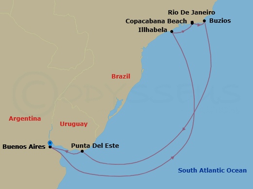 9 Night - South America - MSC Splendida - Starting in Buenos Aires, Argentina, Ilhabela, Brazil, Rio De Janeiro, Brazil, Copacabana (Rio de Janeiro), Brazil, Buzios, Brazil, Punta Del Este, Uruguay, Buenos Aires, Argentina itinerary map