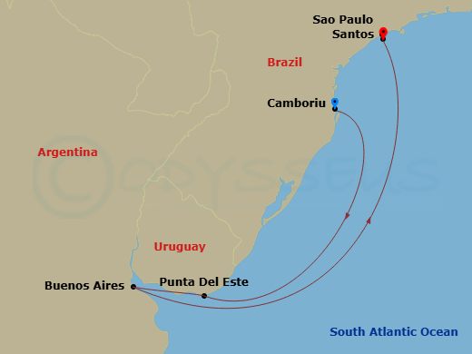 6 Night - South America - MSC Divina - Starting in Camboriu, Brazil, Punta Del Este, Uruguay, Buenos Aires, Argentina, Santos (Sao Paulo), Brazil itinerary map
