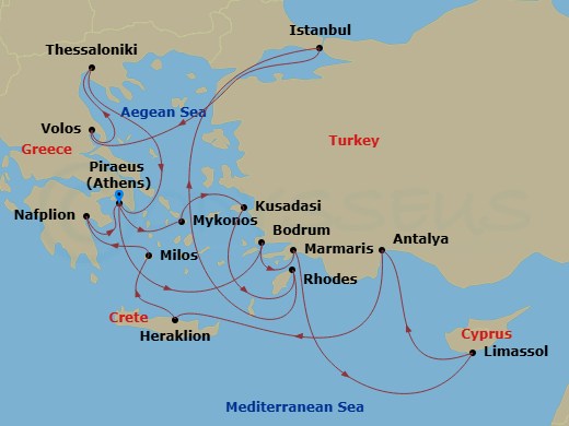 20 Night - An Extended Journey of Legendary Pathways & Living Heritage - EXPLORA II - Starting in Piraeus (Athens), Bodrum, Marmaris, Limassol, Antalya, Heraklion, Crete, Milos, Nafplion, Piraeus (Athens), Mykonos, Kusadasi, Rhodes, Istanbul, Volos, Thessaloniki, Piraeus (Athens) itinerary map