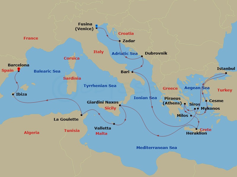 20 Night - An Extended Journey of Timeless Culture & Magnificent Escapes - EXPLORA I - Starting in Fusina (Venice), Zadar, Dubrovnik, Croatia, Bari, Mykonos, Istanbul, Cesme, Syros (Syra), Piraeus (Athens), Milos, Heraklion, Crete, Giardini Naxos, La Valletta, Tunis / La Goulette, Ibiza, Barcelona itinerary map