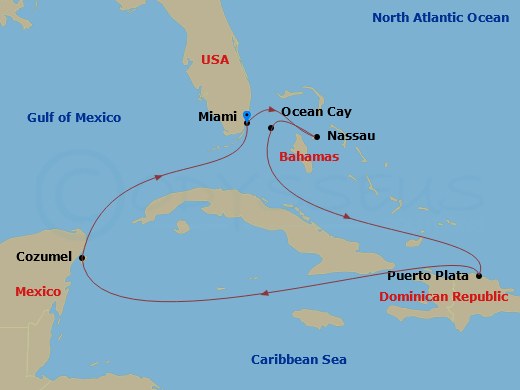 6 Night - Caribbean and Antilles - MSC Meraviglia - Starting in Miami, Florida, Nassau, Bahamas, Ocean Cay Msc Marine Reserve, Bahamas, Puerto Plata, Dominican Republic, Miami, Florida itinerary map