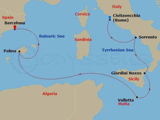 6 Night - A Journey from the Eternal City to Catalan Shores - EXPLORA I - Starting in Civitavecchia (Rome), Sorrento, Giardini Naxos, La Valletta, Palma De Mallorca, Barcelona itinerary map