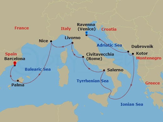 12 Night - Pre Venice Cruisetour - Norwegian Viva Tours - Starting in At Hotel, Venice (Ravenna), Italy, Dubrovnik, Croatia, Kotor, Montenegro, Amalfi Coast (Salerno), Italy, Civitavecchia Rome, Italy, Livorno / Florence / Pisa, Italy, Nice / Monaco (Villefranche), France, Palma Majorca, Spain, Barcelona, Spain itinerary map