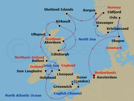 21 Night - British Isles & Viking Shores - Viking Astrea - Starting in London (Greenwich), Dover UK, Scenic Sailing English Channel, Holyhead, Dublin (Dun Laoghaire), Liverpool, Belfast, The Highlands (Ullapool), Orkney Islands (Kirkwall), Edinburgh (Newhaven Harbour), Aberdeen, Shetland Islands (Lerwick), Bergen, Eidfjord, Stavanger, Kristiansand, Oslo, Skagen, Sail the North Sea, Amsterdam itinerary map