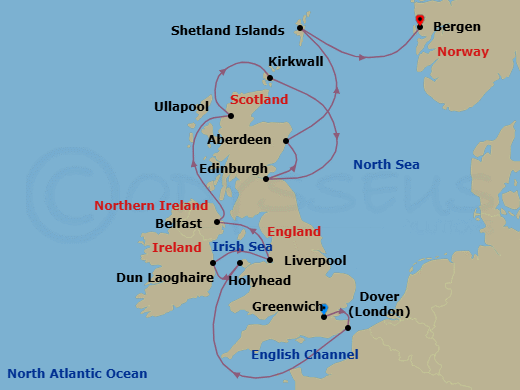 14 Night - British Isles Explorer - Viking Astrea - Starting in London (Greenwich), Dover UK, Scenic Sailing English Channel, Holyhead, Dublin (Dun Laoghaire), Liverpool, Belfast, The Highlands (Ullapool), Orkney Islands (Kirkwall), Edinburgh (Newhaven Harbour), Aberdeen, Shetland Islands (Lerwick), Bergen itinerary map