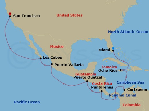 16 Night - Holiday in Panama - Seven Seas Splendor - Starting in Miami, Cruising the Bahamian Waters, Ocho Rios, Jamaica, Cruising the Caribbean Sea, Cartagena CO, Panama Canal Daylight Transit, Cruising the Pacific Ocean, Puntarenas, Cruising the Pacific Ocean, Puerto Quetzal, Cruising the Pacific Ocean, Puerto Vallarta, Cabo San Lucas, Cruising the Pacific Ocean, San Francisco itinerary map