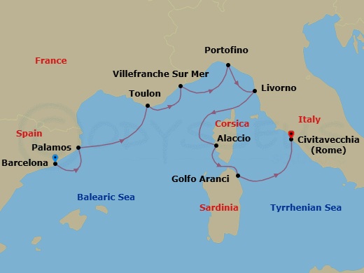 9 Night - Mediterranean Horizons - Seven Seas Prestige - Starting in Barcelona, Palamos, Toulon, Villefranche, Portofino, Tuscany (Livorno), Cruising the Tyrrhenian Sea, Ajaccio (Corsica), Golfo Aranci (Sardinia), Rome (Civitavecchia) itinerary map