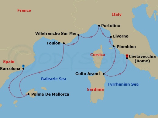 9 Night - Toast to Toulon - Seven Seas Prestige - Starting in Barcelona, Palma De Mallorca, Toulon, Villefranche, Portofino, Tuscany (Livorno), Cruising the Tyrrhenian Sea, Piombino, Golfo Aranci (Sardinia), Rome (Civitavecchia) itinerary map