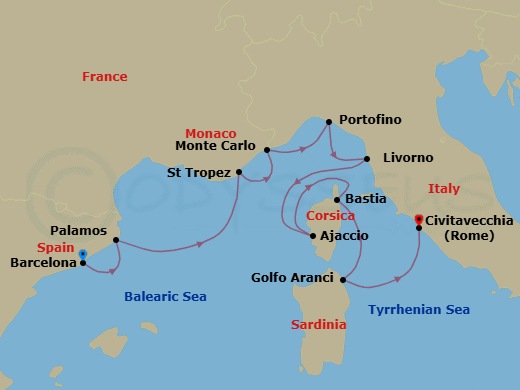 11 Night - Picturesque Panoramas - Seven Seas Mariner - Starting in Barcelona, Palamos, Cruising the Mediterranean Sea, Saint-Tropez, Monte Carlo, Portofino, Tuscany (Livorno), Ajaccio (Corsica), Bastia (Corsica), Cruising the Mediterranean, Golfo Aranci (Sardinia), Rome (Civitavecchia) itinerary map