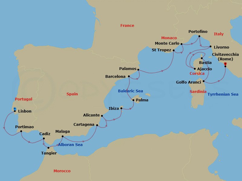 22 Night - Spanish Summer - Seven Seas Mariner - Starting in Lisbon, Portimao, Cadiz, Tangier, Malaga, Cruising the Mediterranean Sea, Cartagena ES, Alicante, Ibiza, Palma De Mallorca, Cruising the Mediterranean Sea, Barcelona, Palamos, Cruising the Mediterranean Sea, Saint-Tropez, Monte Carlo, Portofino, Tuscany (Livorno), Ajaccio (Corsica), Bastia (Corsica), Cruising the Mediterranean, Golfo Aranci (Sardinia), Rome (Civitavecchia) itinerary map