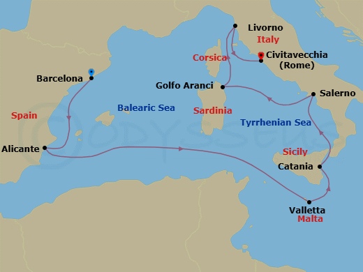 9 Night - Eclipse the Ordinary - Seven Seas Grandeur - Starting in Barcelona, Alicante, Cruise the Mediterranean Sea, Valletta, Catania (Sicily), Salerno, Golfo Aranci (Sardinia), Tuscany (Livorno), Rome (Civitavecchia) itinerary map