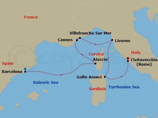 7 Night - Cultures & Cuisines - Seven Seas Prestige - Starting in Barcelona, Ajaccio (Corsica), Cannes, Villefranche, Cruising the Ligurian Sea, Tuscany (Livorno), Golfo Aranci (Sardinia), Rome (Civitavecchia) itinerary map