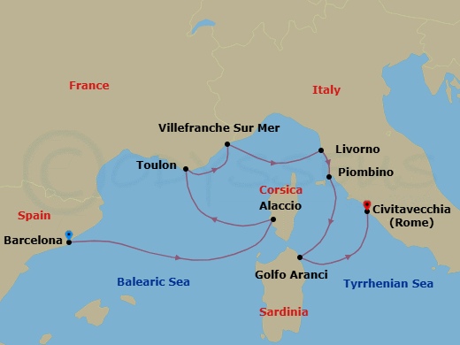 9 Night - Under the Tuscan Sunset - Seven Seas Prestige - Starting in Barcelona, Ajaccio (Corsica), Toulon, Villefranche, Tuscany (Livorno), Cruising the Tyrrhenian Sea, Piombino, Golfo Aranci (Sardinia), Rome (Civitavecchia) itinerary map