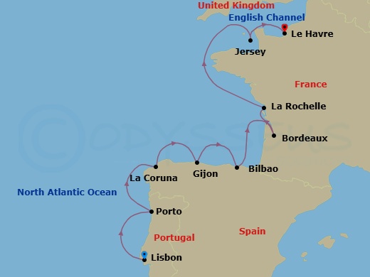 12 Night - La Lumiere Du Soleil - Seven Seas Mariner - Starting in Lisbon, Oporto, Cruising the Atlantic Ocean, La Coruna, Gijon, Spain, Bilbao, Cruising the Atlantic Ocean, Bordeaux, La Rochelle, France, Cruising the Bay of Biscay and English Channel, St Helier, Paris (Le Havre) itinerary map