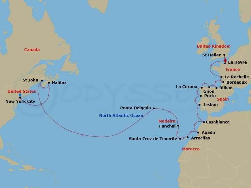 28 Night - New World, Old World - Seven Seas Mariner - Starting in New York, Cruising the Atlantic Ocean, Halifax, Cruising the Atlantic Ocean, St Johns, Cruising the Atlantic Ocean, Ponta Delgada (Azores), Cruising the Atlantic Ocean, Funchal (Madeira), Santa Cruz de Tenerife, Arrecife (Lanzarote), Agadir, Casablanca, Cruising the Atlantic Ocean, Lisbon, Oporto, Cruising the Atlantic Ocean, La Coruna, Gijon, Spain, Bilbao, Cruising the Atlantic Ocean, Bordeaux, La Rochelle, France, Cruising the Bay of Biscay and English Channel, St Helier, Paris (Le Havre) itinerary map