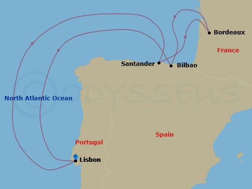 10 Night - Sunset in Santander - Seven Seas Grandeur - Starting in Lisbon, Cruising the Atlantic Ocean, Santander, Bordeaux, Bilbao, Cruising the Atlantic Ocean, Lisbon itinerary map
