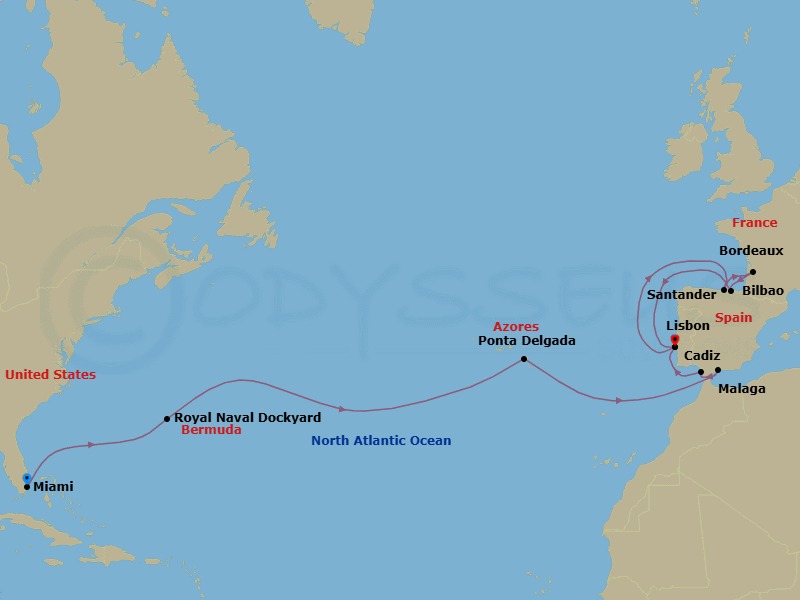 24 Night - Atlantic Evenings - Seven Seas Grandeur - Starting in Miami, Cruising the Atlantic Ocean, Royal Naval Dockyard, Cruising the Atlantic Ocean, Ponta Delgada (Azores), Cruising the Atlantic Ocean, Cruising the Alboran Sea, Malaga, Cadiz, Lisbon, Cruising the Atlantic Ocean, Santander, Bordeaux, Bilbao, Cruising the Atlantic Ocean, Lisbon itinerary map