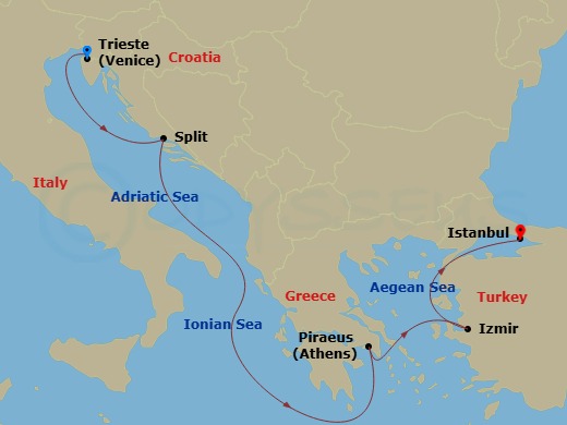 5 Night - Mediterranean - MSC Splendida - Starting in Trieste (Venice), Italy, Split, Croatia, Piraeus (Athens), Greece, Izmir (Ephesus), Turkey, Istanbul, Turkey itinerary map