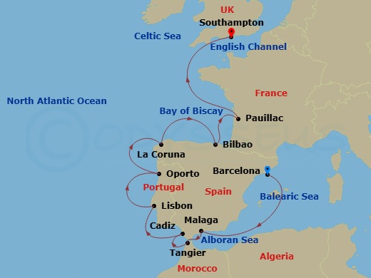 14 Night - Sunlit Iberia - Seven Seas Prestige - Starting in Barcelona, Cruising the Mediterranean Sea, Malaga, Cruising the Strait of Gibraltar, Tangier, Cadiz, Lisbon, Oporto, La Coruna, Bilbao, Pauillac, Cruising the Bay of Biscay and English Channel, London (Southampton) itinerary map