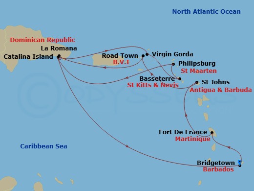 14 Night - Bgi - MSC Opera - Starting in Bridgetown, Barbados, Fort-de-France, Martinique, St Johns AG, Antigua, Road Town (Tortola), British Virgin Islands, La Romana, Dominican Republic, Samana Bay, Dominican Republic, Virgin Gorda, British Virgin Islands, Basseterre, St Kitts and Nevis, Philipsburg, St Maarten, Catalina Island, Dominican Republic, La Romana, Dominican Republic, Catalina Island, Dominican Republic, Bridgetown, Barbados itinerary map