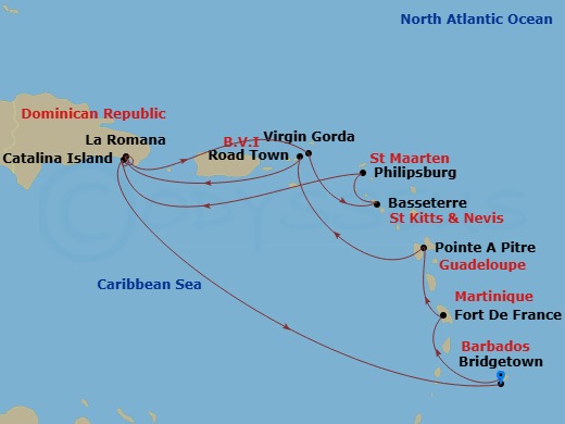 14 Night - South Caribbean - MSC Opera - Starting in Bridgetown, Barbados, Fort-de-France, Martinique, Pointe-A-Pitre, Guadeloupe, Road Town (Tortola), British Virgin Islands, La Romana, Dominican Republic, Samana Bay, Dominican Republic, Virgin Gorda, British Virgin Islands, Basseterre, St Kitts and Nevis, Philipsburg, St Maarten, Catalina Island, Dominican Republic, La Romana, Dominican Republic, Catalina Island, Dominican Republic, Bridgetown, Barbados itinerary map