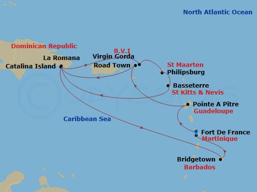 14 Night - South Caribbean - MSC Opera - Starting in Fort-de-France, Martinique, Pointe-A-Pitre, Guadeloupe, Road Town (Tortola), British Virgin Islands, La Romana, Dominican Republic, Samana Bay, Dominican Republic, Virgin Gorda, British Virgin Islands, Philipsburg, St Maarten, Basseterre, St Kitts and Nevis, Catalina Island, Dominican Republic, La Romana, Dominican Republic, Catalina Island, Dominican Republic, Bridgetown, Barbados, Fort-de-France, Martinique itinerary map