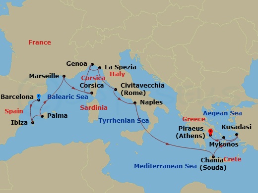 14 Night - Mediterranean with Greece, Italy & Turkey - Sun Princess - Starting in Barcelona, Spain, Ibiza, Spain, Mallorca (Palma), Spain, Marseille (Provence), France, Corsica (Ajaccio), France, Genoa (for Cinque Terre), Italy, La Spezia (for Florence / Pisa), Italy, Civitavecchia (for Rome), Italy, Naples, Italy (for Capri and Pompeii), Crete (Chania), Greece, Kusadasi, Turkey (for Ephesus), Mykonos, Greece, Athens (Piraeus), Greece itinerary map