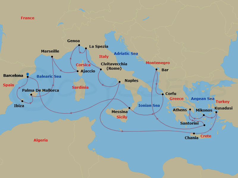 21 Night - The Best of the Mediterranean - Sun Princess - Starting in Barcelona, Spain, Ibiza, Spain, Mallorca (Palma), Spain, Marseille (Provence), France, Corsica (Ajaccio), France, Genoa (for Cinque Terre), Italy, La Spezia (for Florence / Pisa), Italy, Civitavecchia (for Rome), Italy, Naples, Italy (for Capri and Pompeii), Crete (Chania), Greece, Kusadasi, Turkey (for Ephesus), Mykonos, Greece, Athens (Piraeus), Greece, Santorini, Greece, Montenegro, Corfu, Greece, Sicily (Messina), Italy, Barcelona, Spain itinerary map