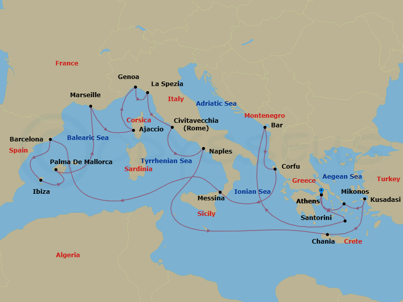 21 Night - The Best of the Mediterranean - Sun Princess - Starting in Athens (Piraeus), Greece, Santorini, Greece, Montenegro, Corfu, Greece, Sicily (Messina), Italy, Barcelona, Spain, Ibiza, Spain, Mallorca (Palma), Spain, Marseille (Provence), France, Corsica (Ajaccio), France, Genoa (for Cinque Terre), Italy, La Spezia (for Florence / Pisa), Italy, Civitavecchia (for Rome), Italy, Naples, Italy (for Capri and Pompeii), Crete (Chania), Greece, Kusadasi, Turkey (for Ephesus), Mykonos, Greece, Athens (Piraeus), Greece itinerary map