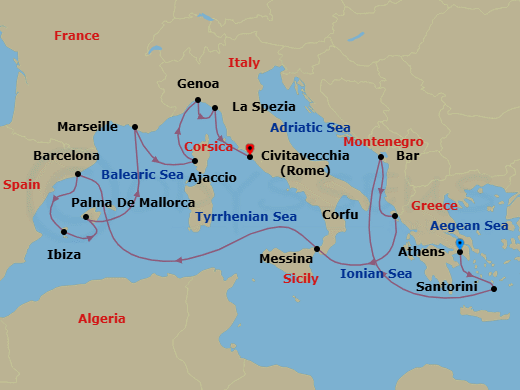 14 Night - Western Mediterranean with Greece & Italy - Sun Princess - Starting in Athens (Piraeus), Greece, Santorini, Greece, Montenegro, Corfu, Greece, Sicily (Messina), Italy, Barcelona, Spain, Ibiza, Spain, Mallorca (Palma), Spain, Marseille (Provence), France, Corsica (Ajaccio), France, Genoa (for Cinque Terre), Italy, La Spezia (for Florence / Pisa), Italy, Civitavecchia (for Rome), Italy itinerary map