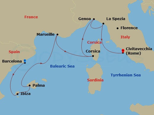 7 Night - Western Mediterranean with Italy - Sun Princess - Starting in Barcelona, Spain, Ibiza, Spain, Mallorca (Palma), Spain, Marseille (Provence), France, Corsica (Ajaccio), France, Genoa (for Cinque Terre), Italy, La Spezia (for Florence / Pisa), Italy, Civitavecchia (for Rome), Italy itinerary map