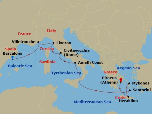 9 Night - Greek Isles, Italy, & France : European Jewels - Norwegian Sky - Starting in Barcelona, Spain, Nice / Monaco (Villefranche), France, Livorno / Florence / Pisa, Italy, Civitavecchia Rome, Italy, Amalfi Coast (Salerno), Italy, Santorini Island, Greece, Mykonos, Greece, Heraklion / Crete, Greece, Piraeus / Athens, Greece itinerary map