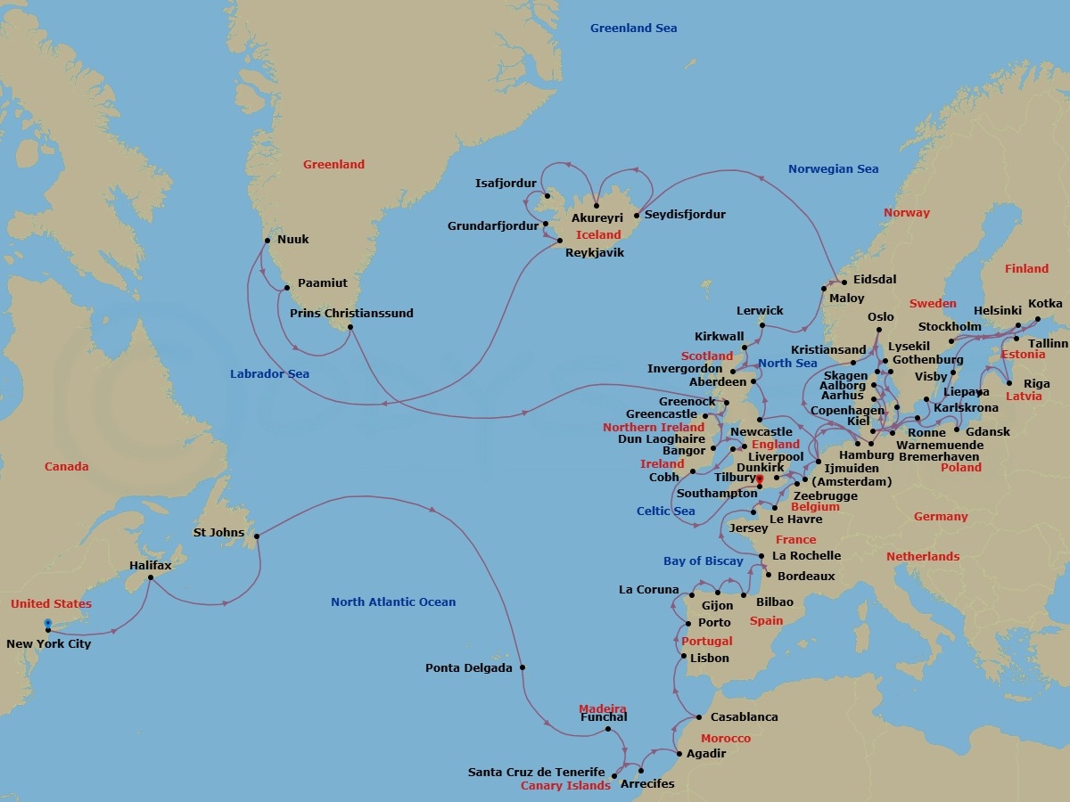92 Night - Grand Arctic Expedition - Seven Seas Mariner - Starting in New York, Cruising the Atlantic Ocean, Halifax, Cruising the Atlantic Ocean, St Johns, Cruising the Atlantic Ocean, Ponta Delgada (Azores), Cruising the Atlantic Ocean, Funchal (Madeira), Santa Cruz de Tenerife, Arrecife (Lanzarote), Agadir, Casablanca, Cruising the Atlantic Ocean, Lisbon, Oporto, Cruising the Atlantic Ocean, La Coruna, Gijon, Spain, Bilbao, Cruising the Atlantic Ocean, Bordeaux, La Rochelle, France, Cruising the Bay of Biscay and English Channel, St Helier, Paris (Le Havre), Dunkirk, London (Tilbury), Cruising the North Sea, Bruges (Zeebrugge), Amsterdam (Ijmuiden), Bremerhaven, Cruising the North Sea, Kristiansand, Oslo, Lysekil, Skagen, Gothenburg, Copenhagen, Cruising the North Sea, Kiel, Ronne, Gdansk (Gdynia), Liepaja, Riga, Tallinn, Hamina (Kotka), Cruising the Baltic Sea, Stockholm, Helsinki, Visby, Sweden, Karlskrona, Berlin (Warnemunde), Aarhus, Aalborg, Cruising the North Sea, Hamburg, Cruising the North Sea, Amsterdam (Ijmuiden), Cruising the North Sea, Newcastle UK, Aberdeen, Invergordon, United Kingdom, Kirkwall (Orkney Islands), Lerwick (Shetland Islands), Maloy, Eidsdal, Cruising the Norwegian Sea, Seydisfjodur, Akureyri, Isafjordur, Grundarfjordur, Reykjavik, Cruising the Atlantic Ocean, Nuuk, Paamiut, Cruising Prince Christian Sound, Cruising the Atlantic Ocean, Glasgow (Greenock), Greencastle, Dun Laoghaire, Liverpool, Bangor UK, Cork (Cobh), Cruising the Celtic Sea, London (Southampton) itinerary map