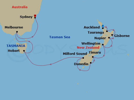 14 Night - Aussie & Kiwi Mementos - Oceania Riviera - Starting in Auckland, Rotorua (Tauranga), Gisborne, Napier, Wellington, Timaru, Dunedin, Cruising the Fjords of Milford Sound, Hobart (Tasmania), Melbourne, Sydney AU itinerary map