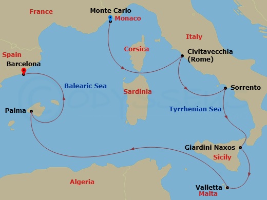 7 Night - A Journey of Historic Splendour & Stunning Landscapes - EXPLORA I - Starting in Monte Carlo, Civitavecchia (Rome), Sorrento, Giardini Naxos, La Valletta, Palma De Mallorca, Barcelona itinerary map