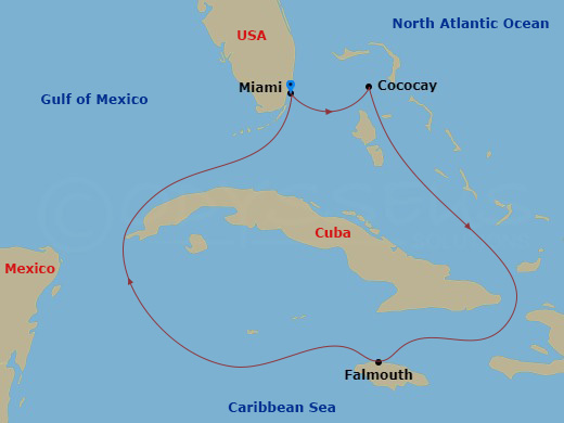 5 Night - Western Caribbean & Perfect Day - Freedom of the Seas - Starting in Miami, Florida, Perfect Day Cococay, Bahamas, Falmouth, Jamaica, Miami, Florida itinerary map