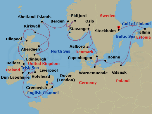 28 Night - Scandinavia & the British Isles - Viking Sky - Starting in London (Greenwich), Dover UK, Scenic Sailing English Channel, Holyhead, Liverpool, Dublin (Dun Laoghaire), Belfast, The Highlands (Ullapool), Orkney Islands (Kirkwall), Edinburgh (Newhaven Harbour), Aberdeen, Shetland Islands (Lerwick), Bergen, Eidfjord, Stavanger, Oslo, Alborg, Copenhagen, Berlin (Warnemunde), Bornholm (Ronne), Gdansk, Sail the Baltic Sea, Tallinn, Stockholm itinerary map