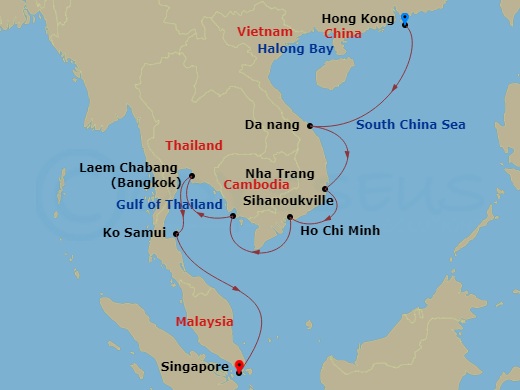14 Night - Far East Discovery - Westerdam - Starting in Hong Kong, China, Halong Bay, Vietnam, Da Nang (Hue), Vietnam, Nha Trang, Vietnam, Phu My, Vietnam, Sihanoukville, Cambodia, Laem Chabang (Bangkok), Thailand, Nathon (Koh Samui), Thailand, Singapore itinerary map