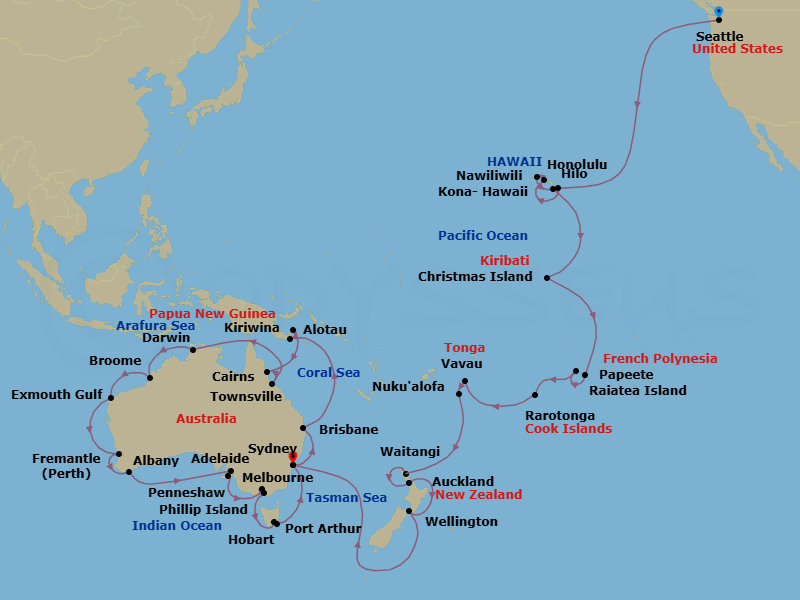 69 Night - South Pacific Crossing & Australia Circumnavigation - Noordam - Starting in Seattle, Washington, Hilo, Hawaii, Honolulu, Hawaii, Nawiliwili, Kauai, Hawaii, Kona, Hawaii, Cross International Dateline, Kiritimati (Christmas Island), Kiribati, Cross International Dateline, Crossing the Equator, Papeete, French Polynesia, Bahia d Opunoha, Moorea, French Polynesia, Raiatea, Society Islands, French Polynesia, Rarotonga, Cook Islands, Cross International Dateline, Vavau, Tonga, Nuku Alofa, Tonga, Waitangi (Bay of Islands), New Zealand, Auckland, New Zealand, Wellington, New Zealand, Sydney AU, Brisbane, Australia, Alotau, Papua New Guinea, Kiriwina Island, Papua New Guinea, Cairns, Australia, Townsville, Australia, Scenic Cruising Torres Strait, Darwin, Australia, Broome, Western Australia, Australia, Exmouth, Australia, Fremantle (Perth), Australia, Albany AU, Australia, Adelaide, South Australia, Australia, Penneshaw, Kangaroo Island, Australia, Melbourne, Australia, Phillip Island, Victoria AU, Australia, Hobart, Tasmania, Australia, Port Arthur, Australia itinerary map