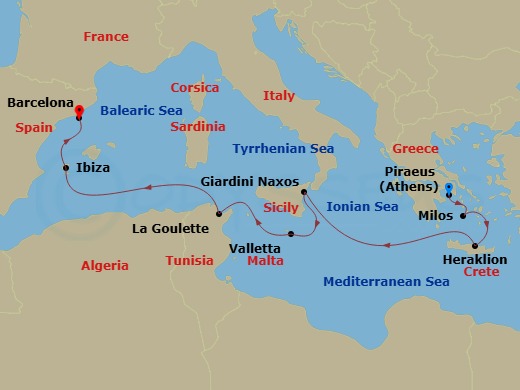 9 Night - A Journey Through the Marvels of the Mediterranean & Spirited Modern Cities - EXPLORA I - Starting in Piraeus (Athens), Milos, Heraklion, Crete, Giardini Naxos, La Valletta, Tunis / La Goulette, Ibiza, Barcelona itinerary map