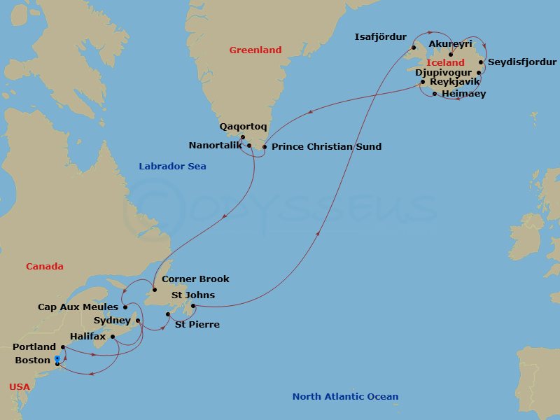 28 Night - Legendary Canada, Greenland & Iceland - Volendam - Starting in Boston, Massachusetts, Portland ME, Sydney NS, Nova Scotia, Canada, Saint Pierre and Miquelon, St Johns NF, Newfoundland, Isafjordur, Iceland, Akureyri, Iceland, Seydisfjordur, Iceland, Djupivogur, Iceland, Heimaey, Westman Islands, Iceland, Reykjavik, Iceland, Cruising Prince Christian Sound, Qaqortoq, Greenland, Nanortalik, Greenland, Corner Brook, Newfoundland, Canada, Cap-aux-Meules, Iles de la Madeleine, Quebec, Canada, Halifax, Nova Scotia, Canada, Boston, Massachusetts itinerary map