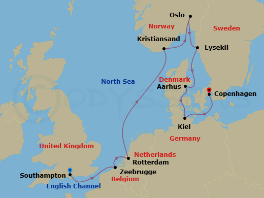 10 Night - Grand Castles, Modern Marvels - Seven Seas Voyager - Starting in London (Southampton), Bruges (Zeebrugge), Rotterdam, Cruising the North Sea, Kristiansand, Oslo, Lysekil, Aarhus, Kiel, Cruising the Baltic Sea, Copenhagen itinerary map