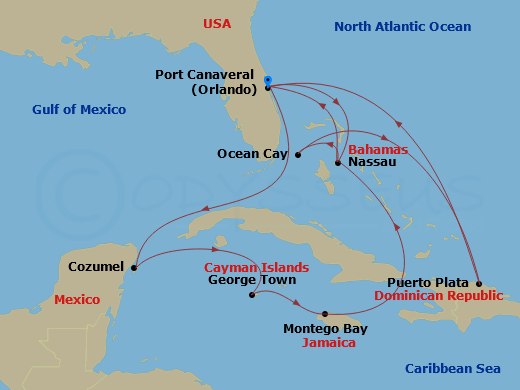 14 Night - Caribbean and Antilles - MSC Grandiosa - Starting in Port Canaveral (Orlando), Florida, Cozumel, Mexico, George Town, Cayman Islands, Montego Bay, Jamaica, Nassau, Bahamas, Port Canaveral (Orlando), Florida, Nassau, Bahamas, Ocean Cay Msc Marine Reserve, Bahamas, Puerto Plata, Dominican Republic, Port Canaveral (Orlando), Florida itinerary map
