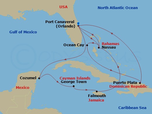 14 Night - Caribbean Western Roundtrip from Orlando (Port Canaveral) - MSC Grandiosa - Starting in Port Canaveral (Orlando), Florida, Cozumel, Mexico, George Town, Cayman Islands, Falmouth, Jamaica, Nassau, Bahamas, Port Canaveral (Orlando), Florida, Nassau, Bahamas, Ocean Cay Msc Marine Reserve, Bahamas, Puerto Plata, Dominican Republic, Port Canaveral (Orlando), Florida itinerary map