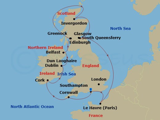 11 Night - British Isles with France & Belfast - Majestic Princess - Starting in Southampton (for London), England, Cornwall (Falmouth), England, Cork, Ireland (Cobh / for Blarney Castle), Dublin (Dun Laoghaire), Ireland, Belfast, Northern Ireland, Glasgow (Greenock), Scotland, Invergordon, Scotland, Edinburgh (South Queensferry), Scotland, Le Havre (for Paris / Normandy), France, Southampton (for London), England itinerary map