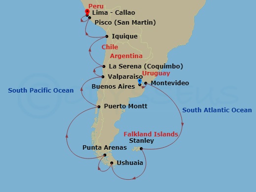 18 Night - Around Cape Horn - Oceania Vista - Starting in Buenos Aires, Montevideo, Port Stanley, Falkland Islands, Ushuaia, Punta Arenas, Puerto Montt, Santiago De Chile (Valparaiso), Coquimbo, Iquique, Pisco / Nazca Lines, Lima / Machu Picchu (Callao) itinerary map